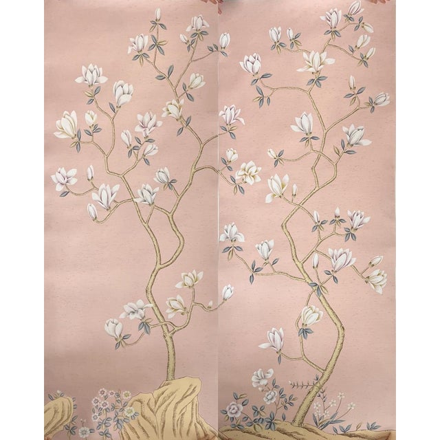 Art Deco Pink Magnolia Mural Hand Painted Wallpapers - 6 Panels For Sale - Image 3 of 4