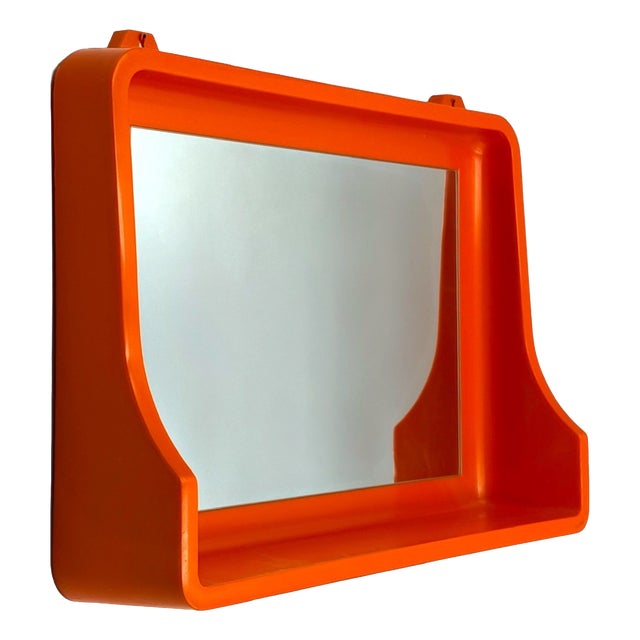 Orange Plastic Wall Mirror with Integrated Shelf, 1970s For Sale
