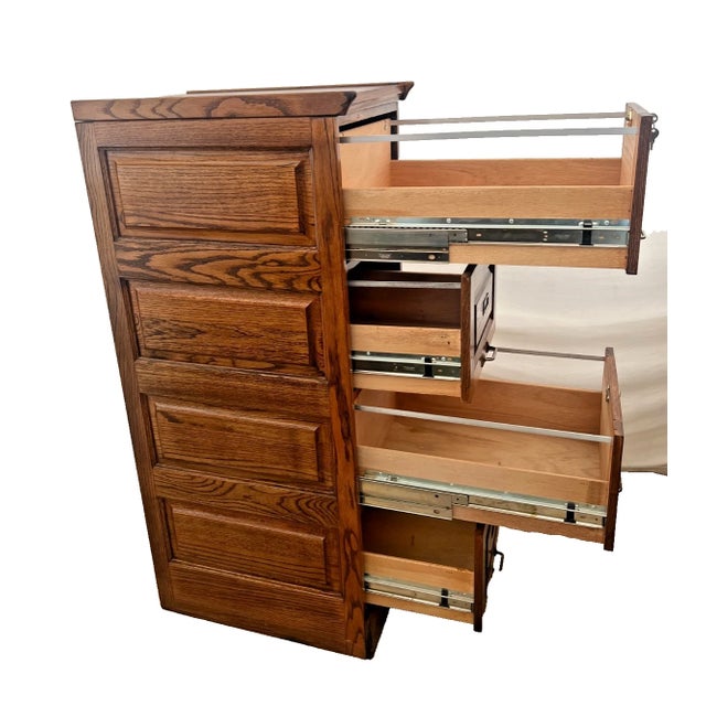 1980s Vintage Tiger Oak File Cabinet Four Locking Drawers, Paneled Sides Legal Size For Sale - Image 5 of 12