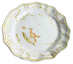 19th Century Faience Dish attributed to Moustier with Birds & Flowers, France