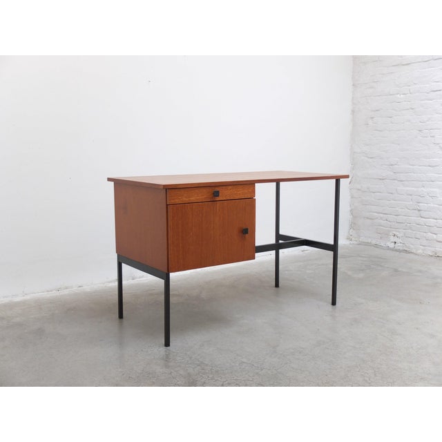 Contemporary Vintage Freestanding Writing Desk in Teak and Black Metal by Pierre Guariche, 1960s For Sale - Image 3 of 14