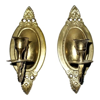 Late 20th Century Vintage Pair of Brass Candle Stick Wall Sconces For Sale