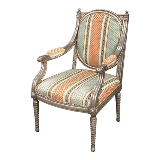 Dessin Fournir Louis XVI Giltwood Arm Chair W Cut Velvet For Sale