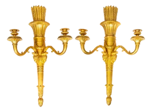 Pair of French Louis XVI Style Gilt-Bronze Two Light Wall Sconces Candelabra