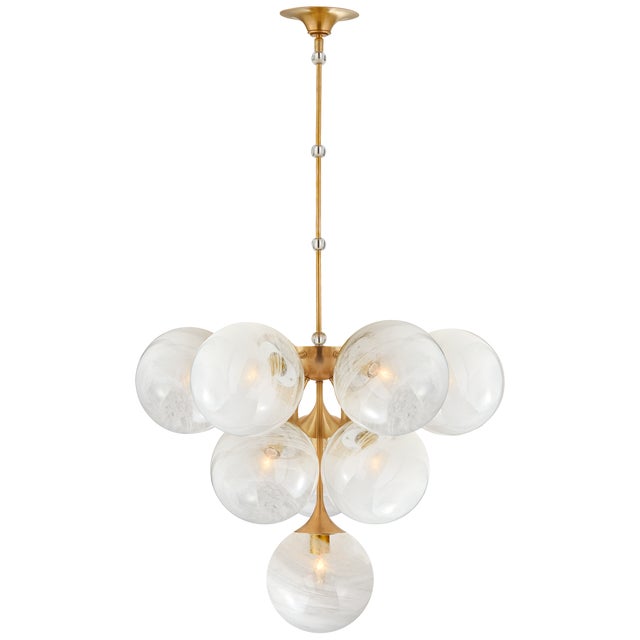Visual Comfort AERIN for Visual Comfort Signature Cristol Tiered Chandelier in Hand-Rubbed Antique Brass with White Strie Glass For Sale - Image 4 of 11