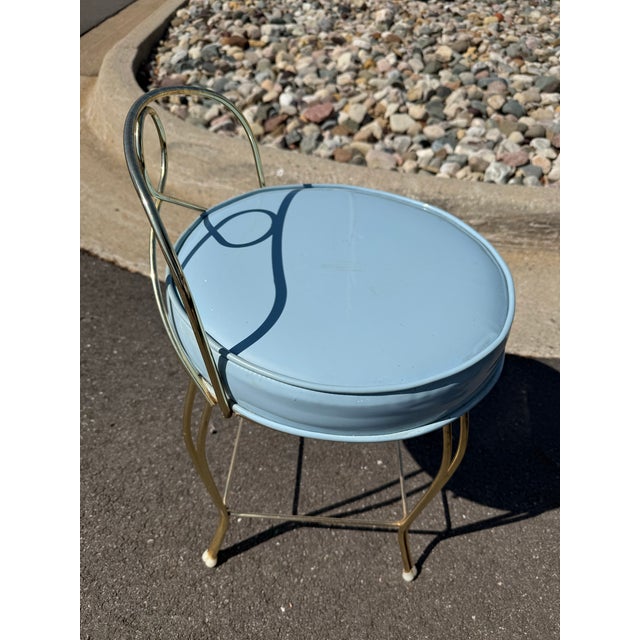Vintage Mid-Century Hollywood Regency Brass Vanity Chair Stool - Pastel Blue Vinyl - George Koch Sons Bring a touch of...