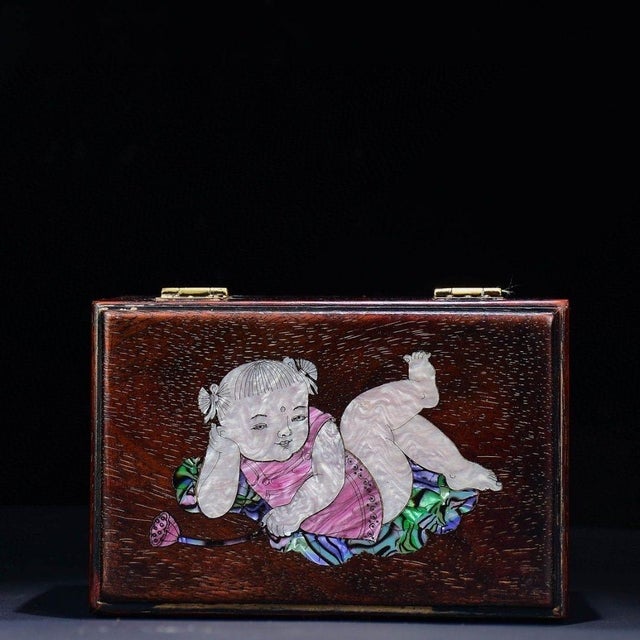 Vintage Rosewood Box With Mother-of-Pearl Inlay of a Boy With Lotus - Jewelry Box For Sale - Image 4 of 8
