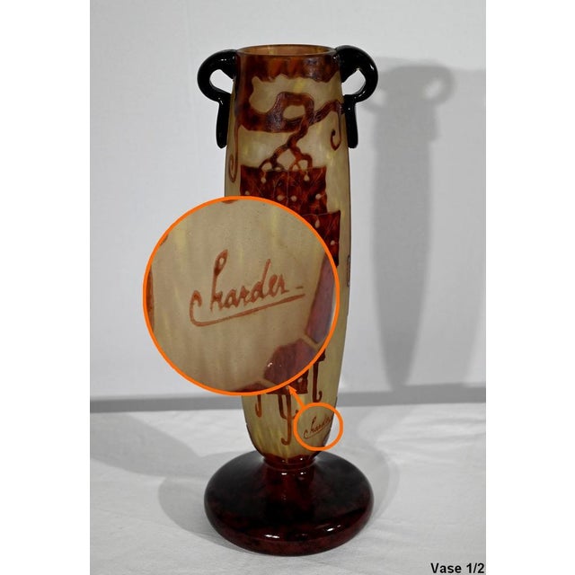 Maroon Art Deco French Glass Vases by Charder, 1927, Set of 2 For Sale - Image 8 of 18