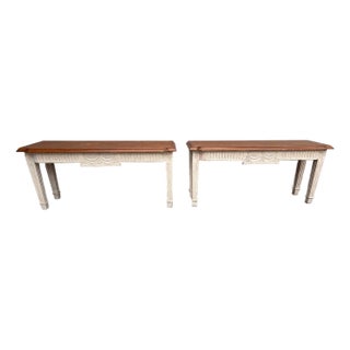 1970s Pair Solid Wood Louis XVI 34 X 75 Consoles With Swag Detailing For Sale