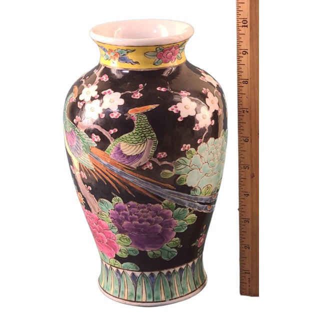 Vintage Asian Hand Painted Colorful Pottery Vase Mystical Good Luck Phoenix Birds Floral. Good condition, measuring 10''...