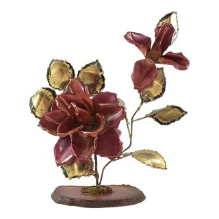 Vintage Brutalist Copper Metal Rose Sculpture Stone Base For Sale