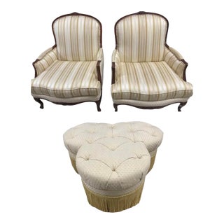 Ethan Allen Lucian Bergere Louis XV Chairs with Trillion Ottoman Stripes/Dots - a Pair For Sale