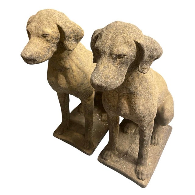 An exceptional pair of vintage mid-20th-century cast stone garden statues depicting seated hunting hounds, likely Pointers...