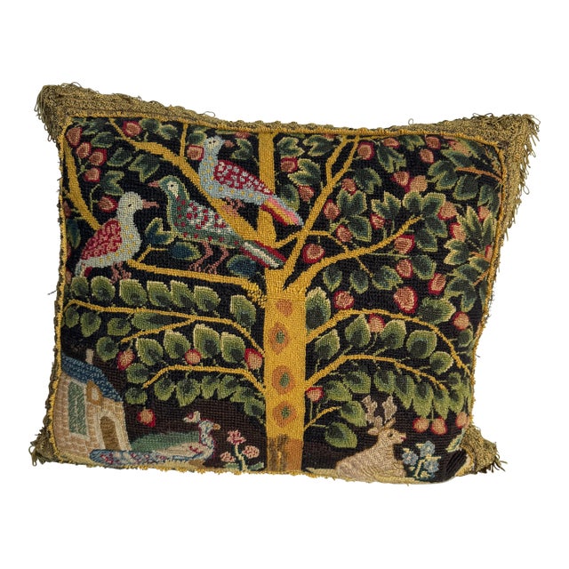 17th Century English Needlepoint Tree of Life Tapestry Pillow Wool and Silk Circa 1600 For Sale