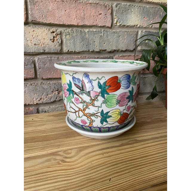 Mid 20th Century Porcelain Famille Rose Cachepot Planter With Drain Plate For Sale - Image 15 of 17