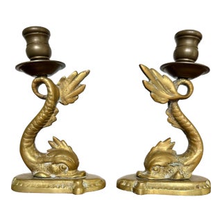 Pair of Vintage Brass Neoclassical Dolphin Candlesticks For Sale