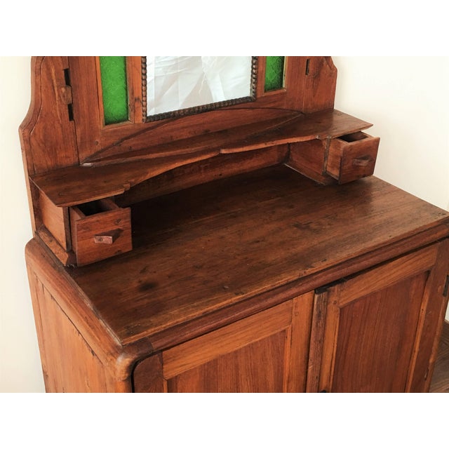 Mid 20th Century Oak Sideboard, Buffet With Mirror and Original Green Glass For Sale - Image 5 of 7