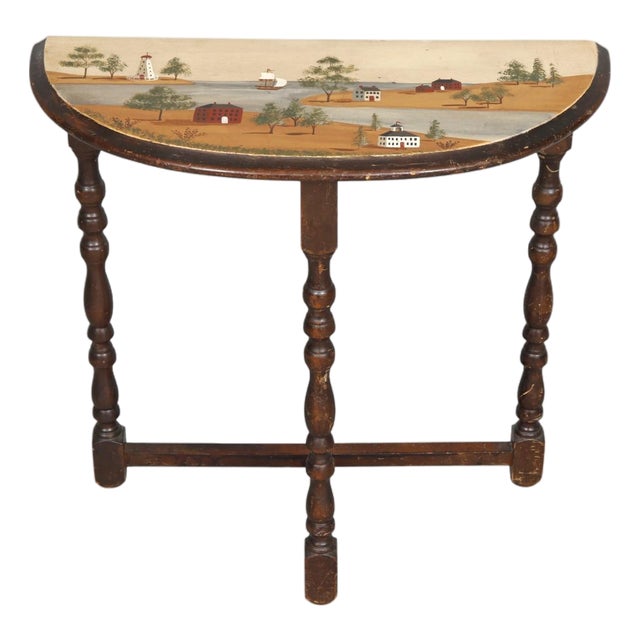 Rufus Porter Style Folk Art Demilune Side Table For Sale
