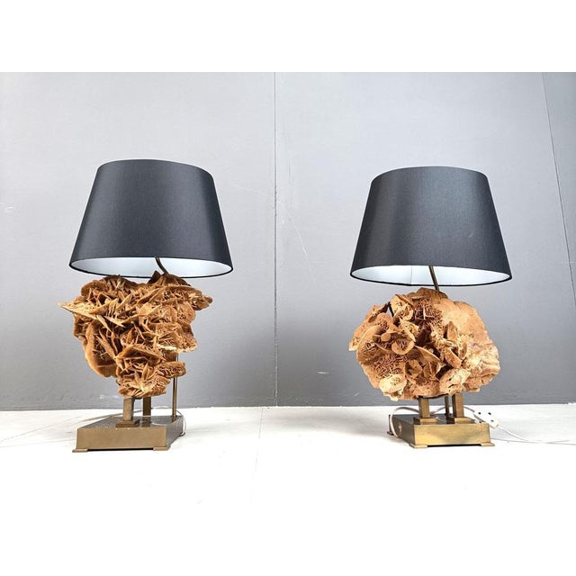 Stone Rose and Brass Table Lamps, 1970s, Set of 2 For Sale - Image 3 of 12