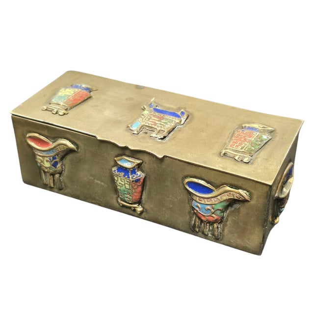 Late 19th Century Early 20th-Century Chinese Brass Box With Applied Cloisonné Medallions (4.375"), Marked “China” For Sale - Image 5 of 14