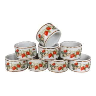 1970s Made in Brazil Strawberry Motif Gold Gilt Napkin Rings - Set of 8 For Sale