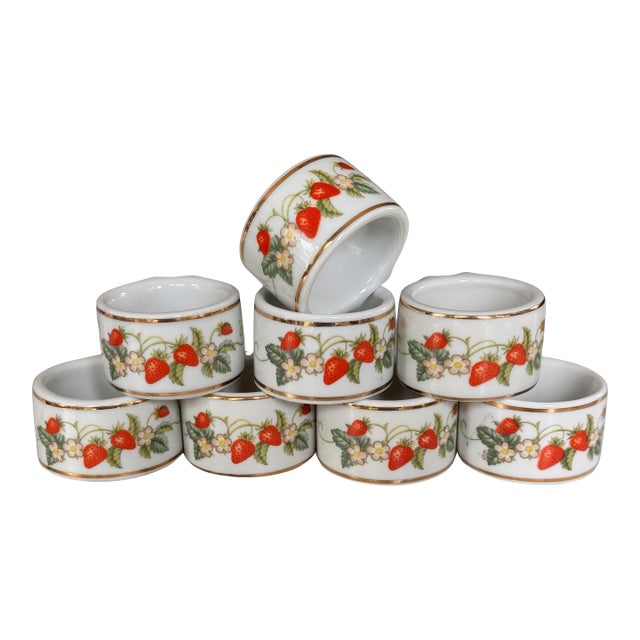 1970s Made in Brazil Strawberry Motif Gold Gilt Napkin Rings - Set of 8 For Sale