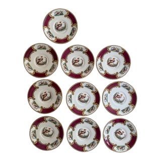 Vintage Myott Chelsea Bird Dessert Plates – 6 7/8 Inch Staffordshire England Plates – Burgundy and Gold English China - Set of Ten (10) For Sale