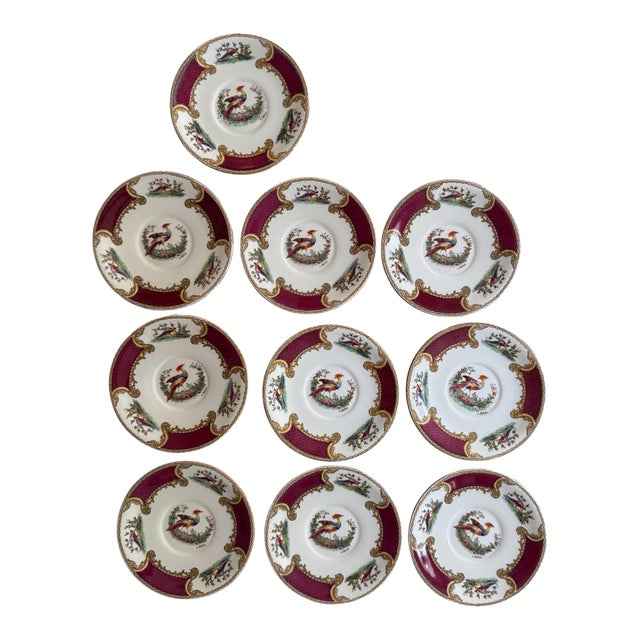 Vintage Myott Chelsea Bird Dessert Plates – 6 7/8 Inch Staffordshire England Plates – Burgundy and Gold English China - Set of Ten (10) For Sale