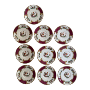 Vintage Myott Chelsea Bird Dessert Plates – 6 7/8 Inch Staffordshire England Plates – Burgundy and Gold English China - Set of Ten (10)