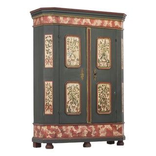 Folk Art Painted Rustic Farmhouse Bridal Cabinet For Sale