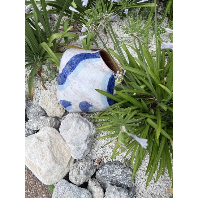 Rustic European Blue Brushstroke Italian Ceramic Vessel For Sale - Image 3 of 8
