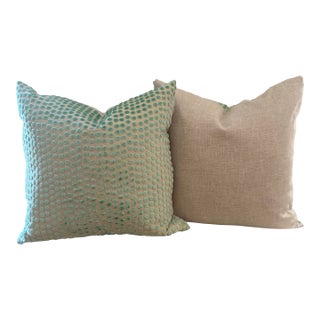 Pair of Pierre Frey Designer Feather and Down Blue Polka Dot Pillows For Sale