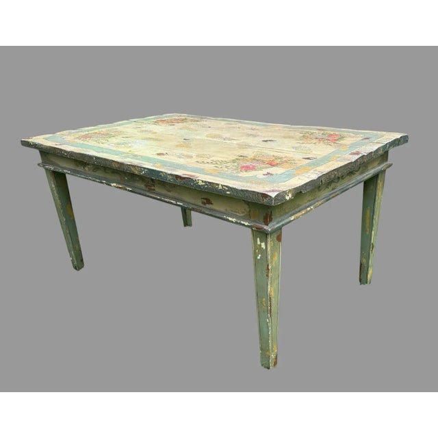 Vintage Primitive French Country Style Floral Paint Decorated Dining Table For Sale - Image 4 of 10
