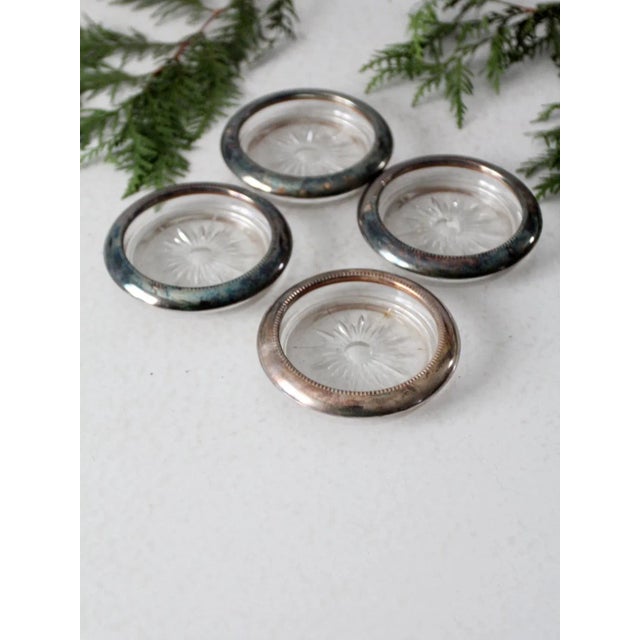 Mid Century Leonard Silver Plate and Glass Coaster Set 4 For Sale - Image 11 of 12