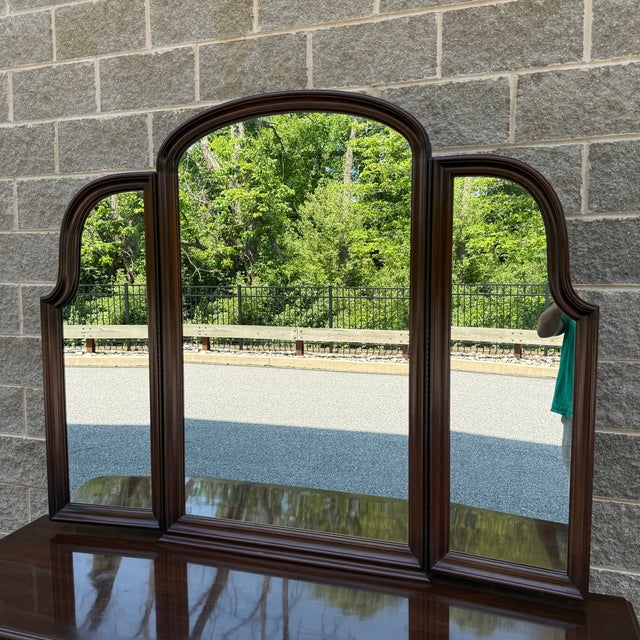 1980s Ethan Allen Georgian Court Solid Cherry 8 Drawer Low Dresser & Trifold Mirror (11-5223) For Sale - Image 12 of 18