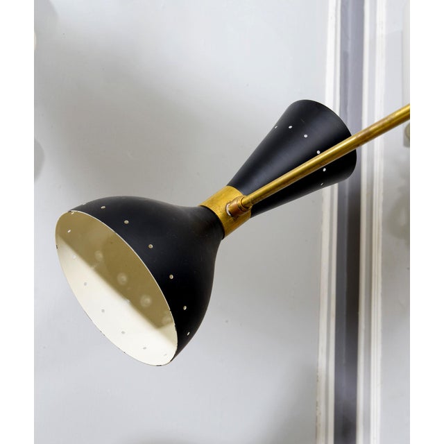 Mid-Century Inspired Six-Arm Brass Fixture With Articulated Black Shades For Sale - Image 4 of 7
