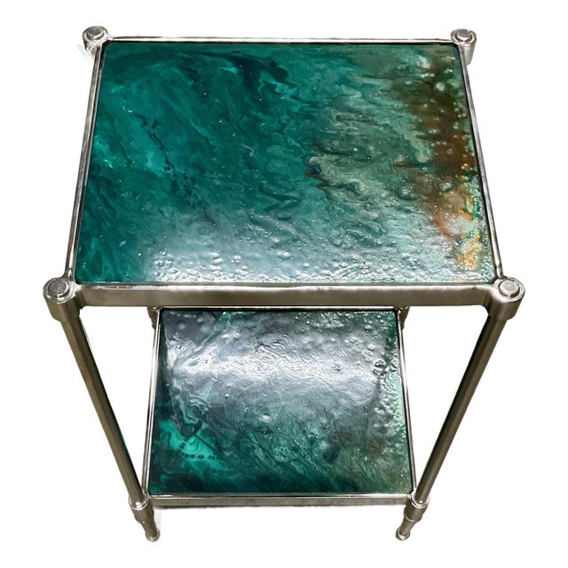 Stunning Chrome & Art Glass Two-Tier Side Table With Turquoise & Teal Art Glass – Modern Designer Accent Table For Sale