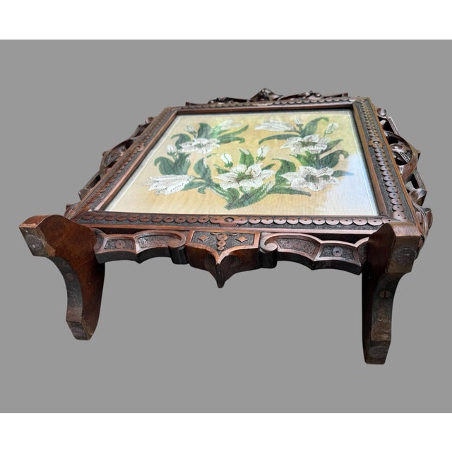 Early 20th Century Antique Victorian Carved Walnut Firescreen With Floral Beaded Needlework Panel For Sale - Image 5 of 12