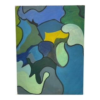 Vintage Abstract Geometric Acrylic Painting on Canvas Board in Blue and Green Tones.. For Sale