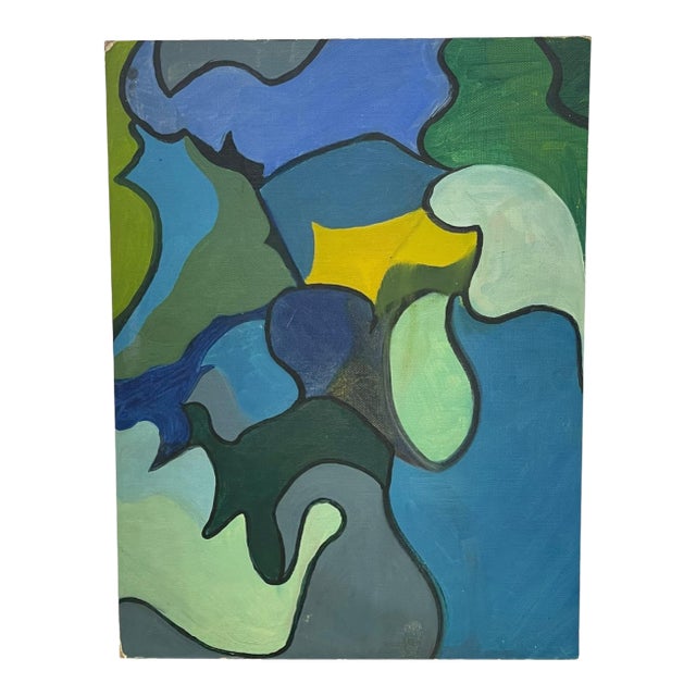 Vintage Abstract Geometric Acrylic Painting on Canvas Board in Blue and Green Tones.. For Sale