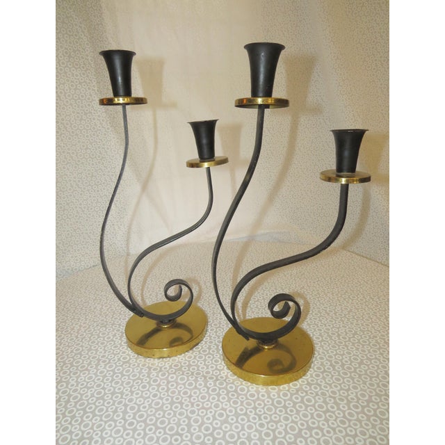 Pair Mid Century Modern Tommi Parzinger Era Vintage Black Gold Chrome Candle Holders