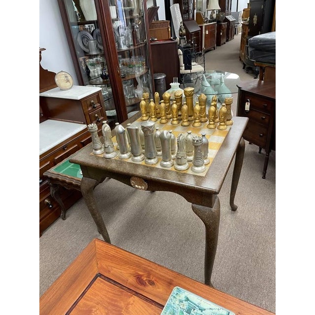 Late 20th Century Vintage Style Chess Board Game Table, With 32 Matching Pieces, Silver Leaf + Gold Leaf For Sale - Image 5 of 9