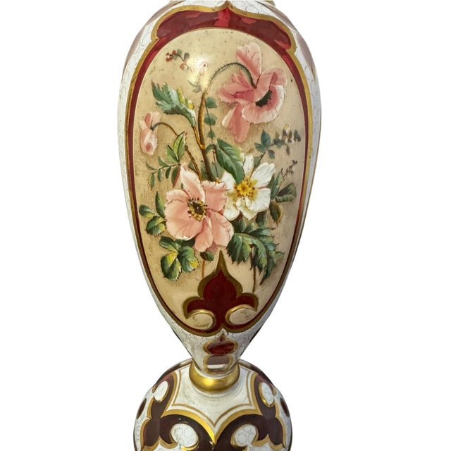 Red Antique Bohemian Cranberry Cut Glass Vase With Hand-Painted Enamel Flowers, Overlay, and Gilt. 12.75” Early 1900s Romantic Victorian For Sale - Image 8 of 12