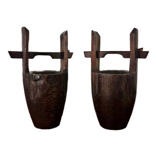 Matched Pair of Antique Japanese Wooden Ikebana Vases For Sale