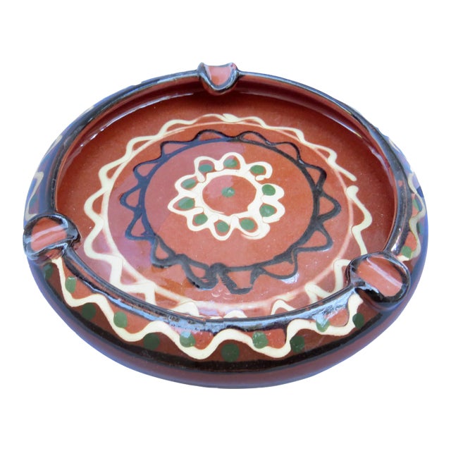 Vintage Mexican Folk Art Bandera Redware Ashtray For Sale