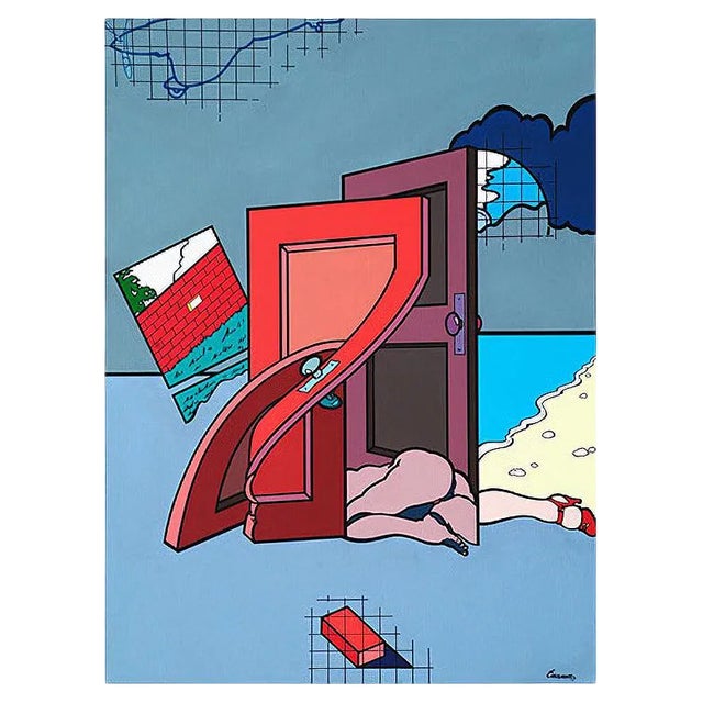 Woman/Doors - Acrylic on Canvas by J. Carruana - 1977 For Sale