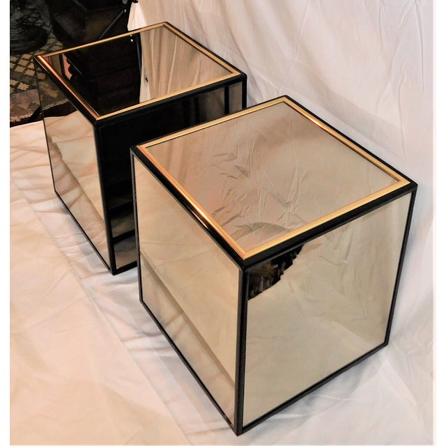 Vintage Henredon Black Lacquer and Brass Mirrored Cube Tables a Pair