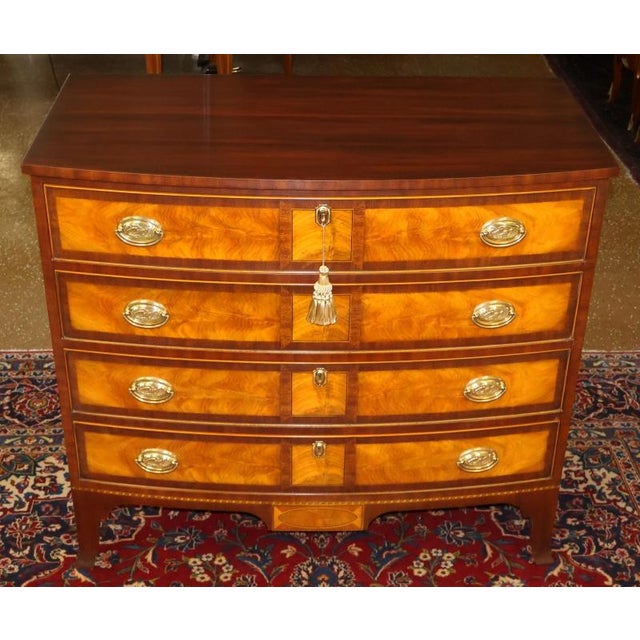 Henkel Harris Mahogany & Flame Birch Inlaid Rogers Bowfront Dresser Chest Dimensions : 41" Wide X 21" Deep X 37.25" Tall...