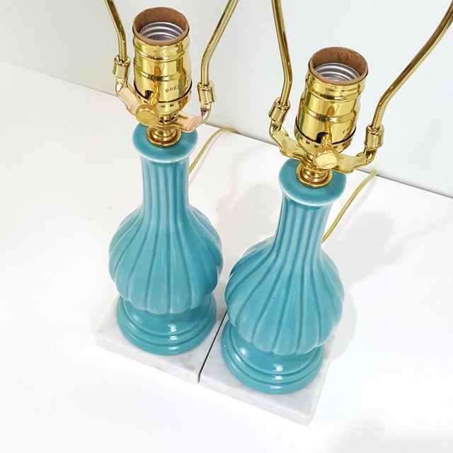 MidCentury Modern Aqua Blue Pottery Lamps With Chartreuse Shades a