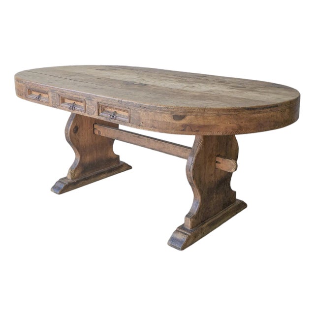 French Country Oval Wabi Sabi Dining Work Table For Sale